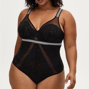 🆕 NWT Torrid 3 Peekaboo Cutout Logo Black Mesh & Lace Bodysuit 22 24 3XL XXXL